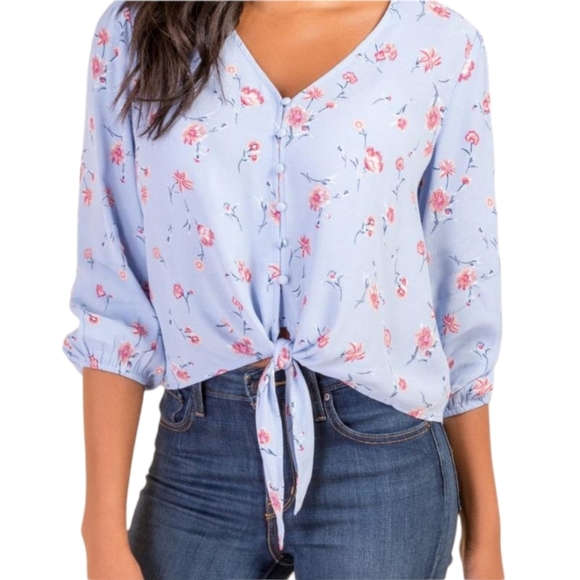 Alya by Francesca's Floral Tie-Front Romantic Fall Boho Crop Top, Blue, S New - Picture 7 of 7